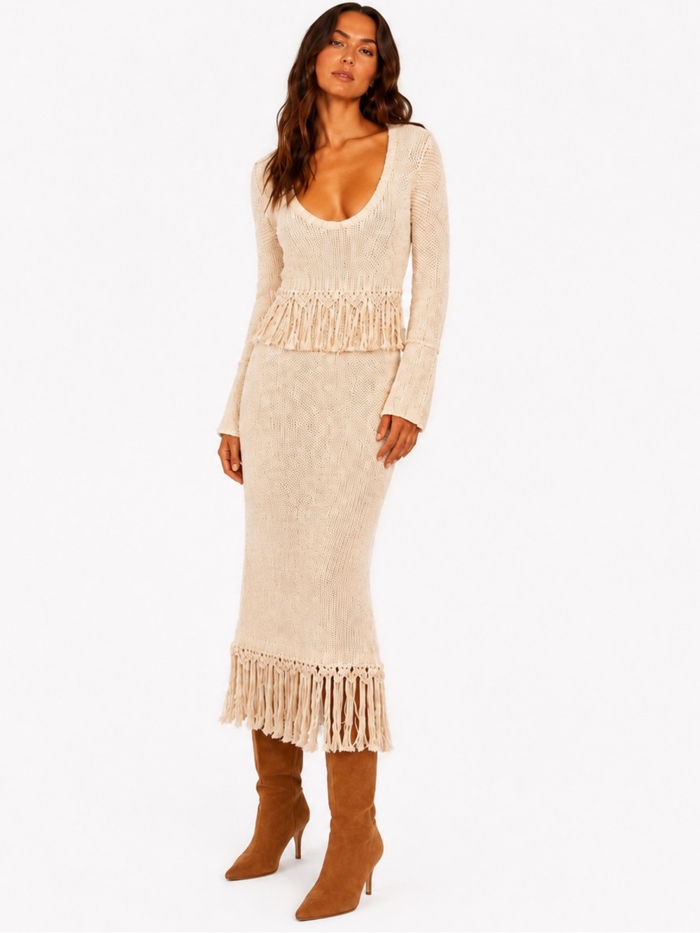 MOTHER Ivory Fringe Cotton Knit Maxi Dress M NWOT